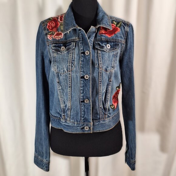 a.n.a. Women’s Denim Jean Jacket Embroidered Roses Cropped Size Small Boho - Picture 1 of 16